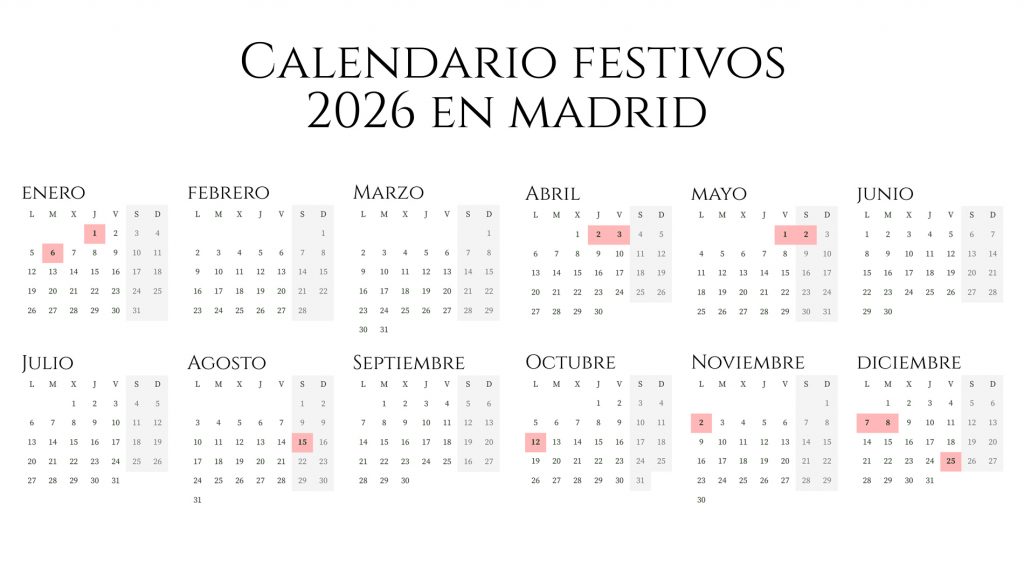 calendario de festivos madrid 2026 1024x582 - D&oacute;nde aparcar los domingos y festivos en Madrid