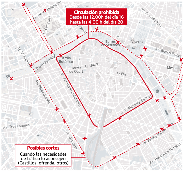 zonas cortadas fallas 1 - Dónde aparcar en las Fallas de Valencia de 2023