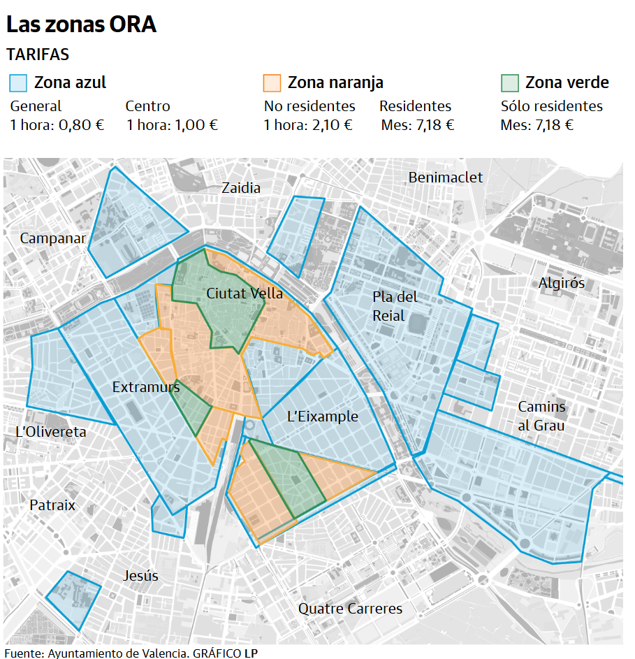 image - Zona naranja, zona azul, zona verde y zona roja: las zonas de estacionamiento regulado de Valencia
